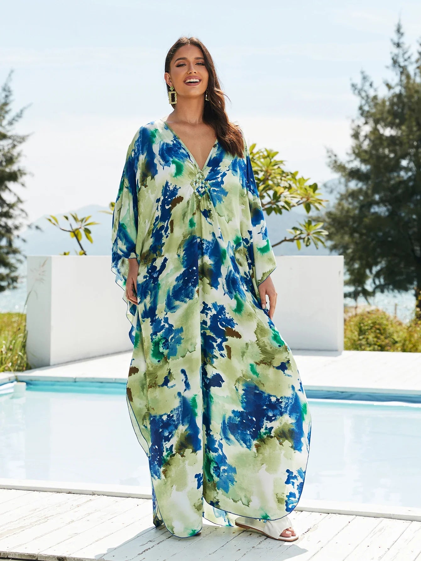 Boho Maxi Dress - Beach Dress, Kaftan Dress Vintage Embroidered in Danica Tie Dye Green Jobelle