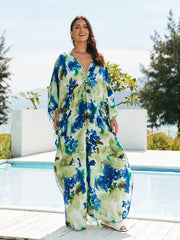Boho Maxi Dress - Beach Dress, Kaftan Dress Vintage Embroidered in Danica Tie Dye Green Jobelle