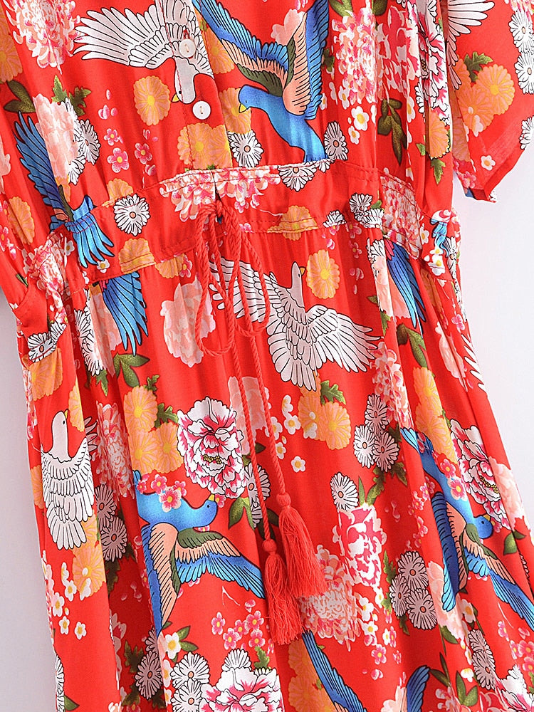 Midi Dress, Boho Dress, Sundress, Red Arabian Jasmine