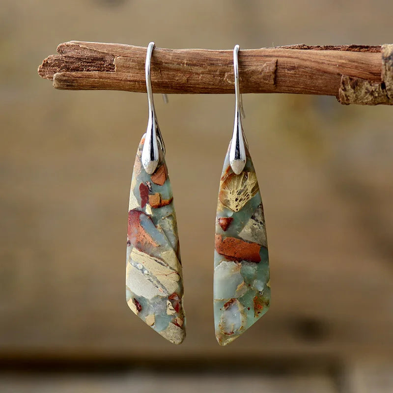 Boho Dangle Earrings - Silver-Plated Jasper Drop Earrings