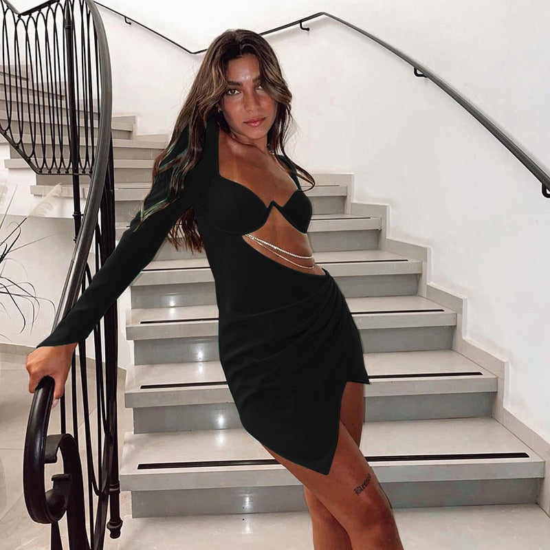 Boho Camis Dress, Party Bodycon Boho Mini Dress, Diamond Chain Hollow Out, Remy in Green and Black