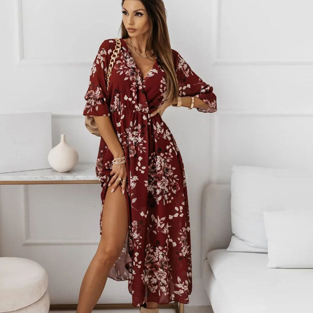 Casual Side Split Big Hem Floral Print Maxi Dress