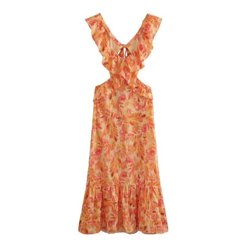 Boho Beach Dress - Ruffled Floral Dress for Your Summer Vacation Vibes - Tie Dye Orange Fall Leaf Delight