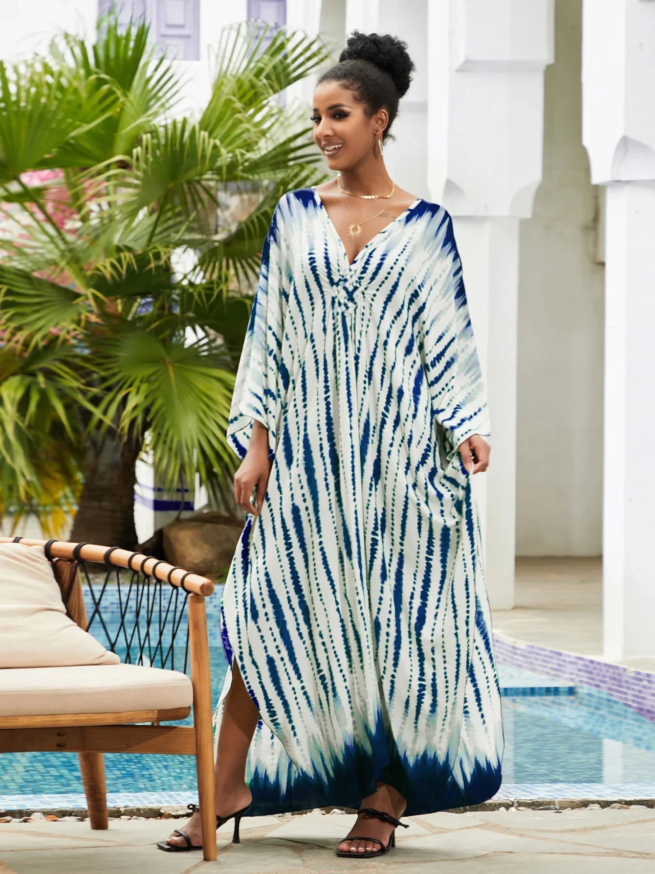 Boho Maxi Dress - Beach Dress, Kaftan Dress Vintage Embroidered in Danica Tie Dye Navy