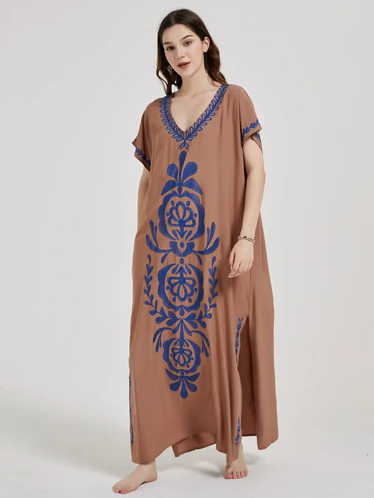 Boho Maxi Dress - Beach Dress, Kaftan Dress Vintage Embroidered in Myla Navy White and Black
