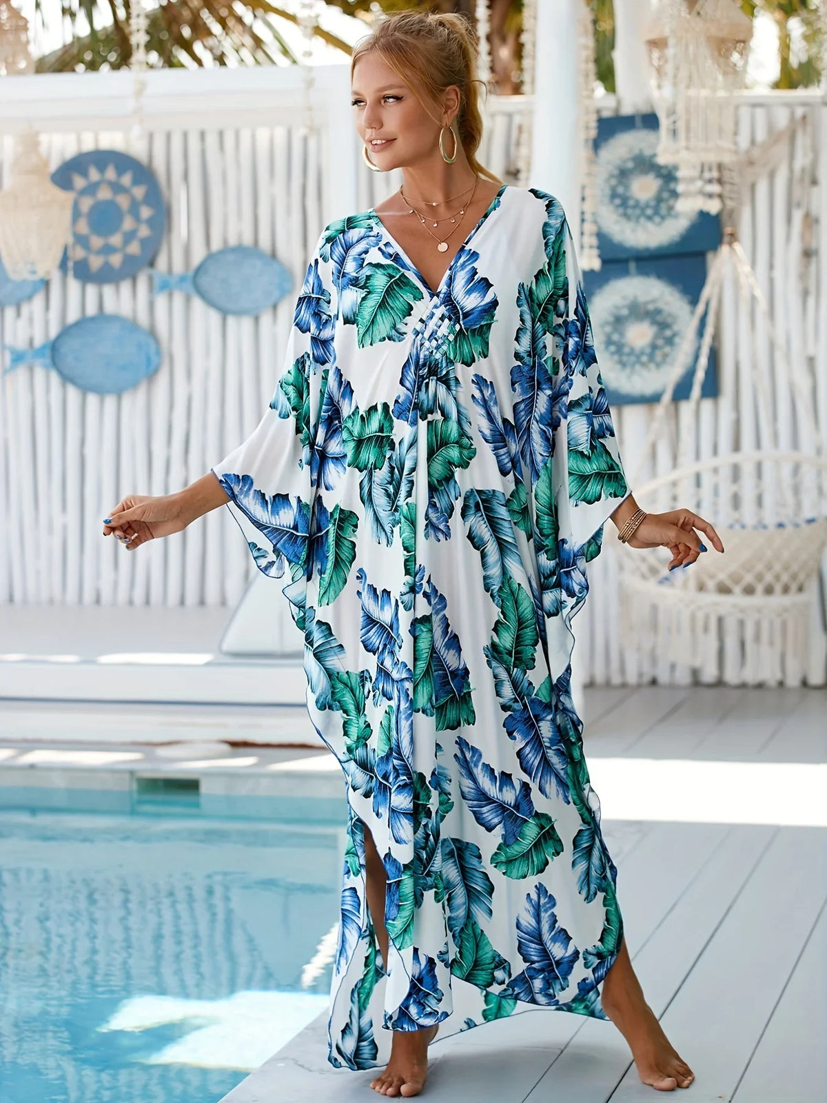 Boho Maxi Dress - Beach Dress, Kaftan Dress Akari Blue Tie Dye Coconut