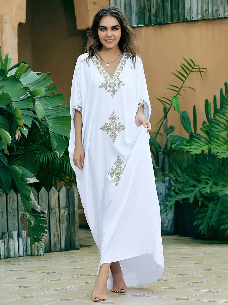 Boho Maxi Dress - Beach Dress, Kaftan Dress Vintage Embroidered in Liliana Navy