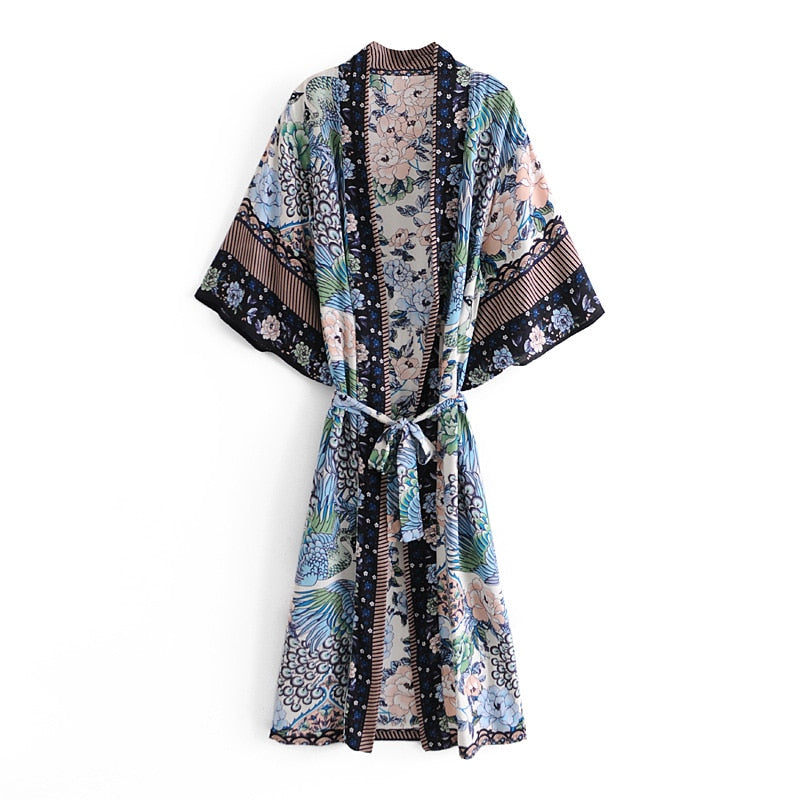 Boho Robe, Kimono Robe,  Beach Cover up, Blue Flamingo