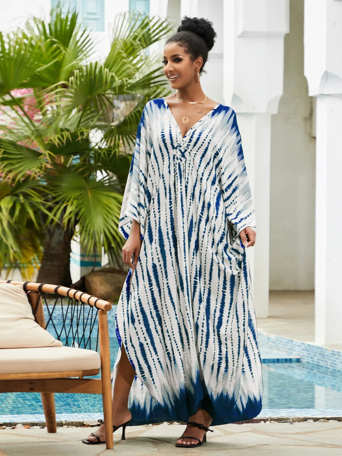 Boho Maxi Dress - Beach Dress, Kaftan Dress Vintage Embroidered in Danica Tie Dye Navy