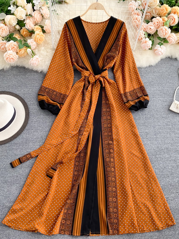 Vintage Dress, Boho Maxi Dress, Gown, India Dot in Brick, Brown and Gray