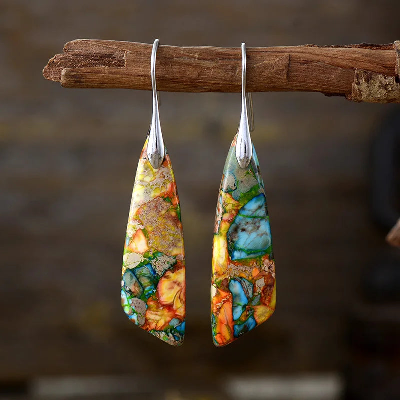 Boho Dangle Earrings - Silver-Plated Jasper Drop Earrings