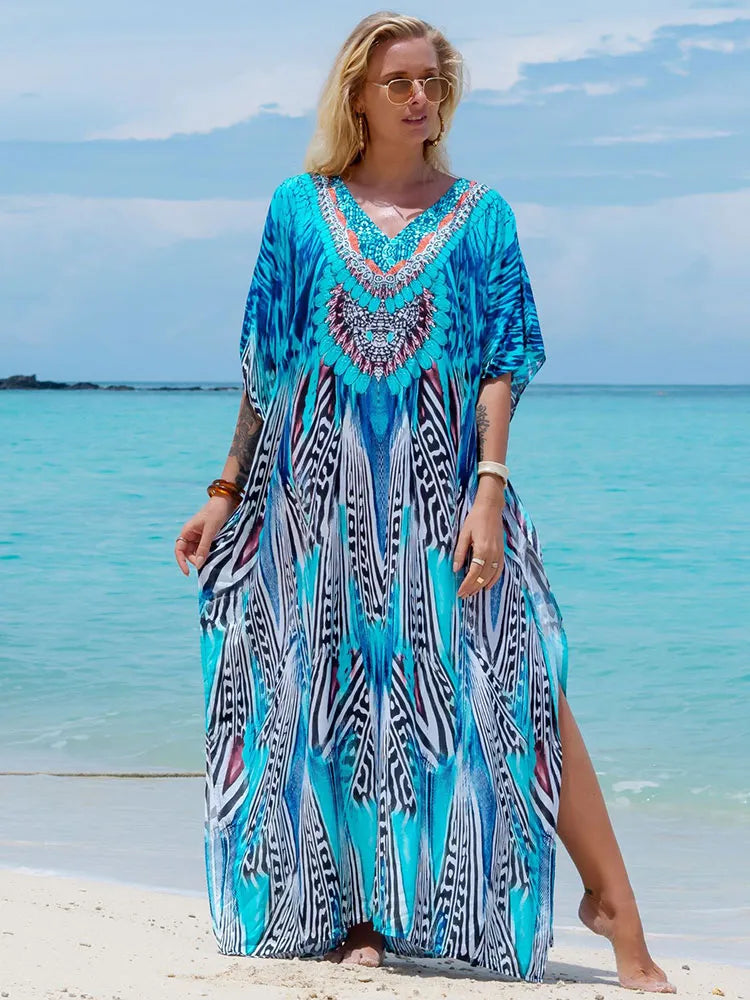 Boho Maxi Dress - Beach Dress, Kaftan Dress Allegra Blue Zebra