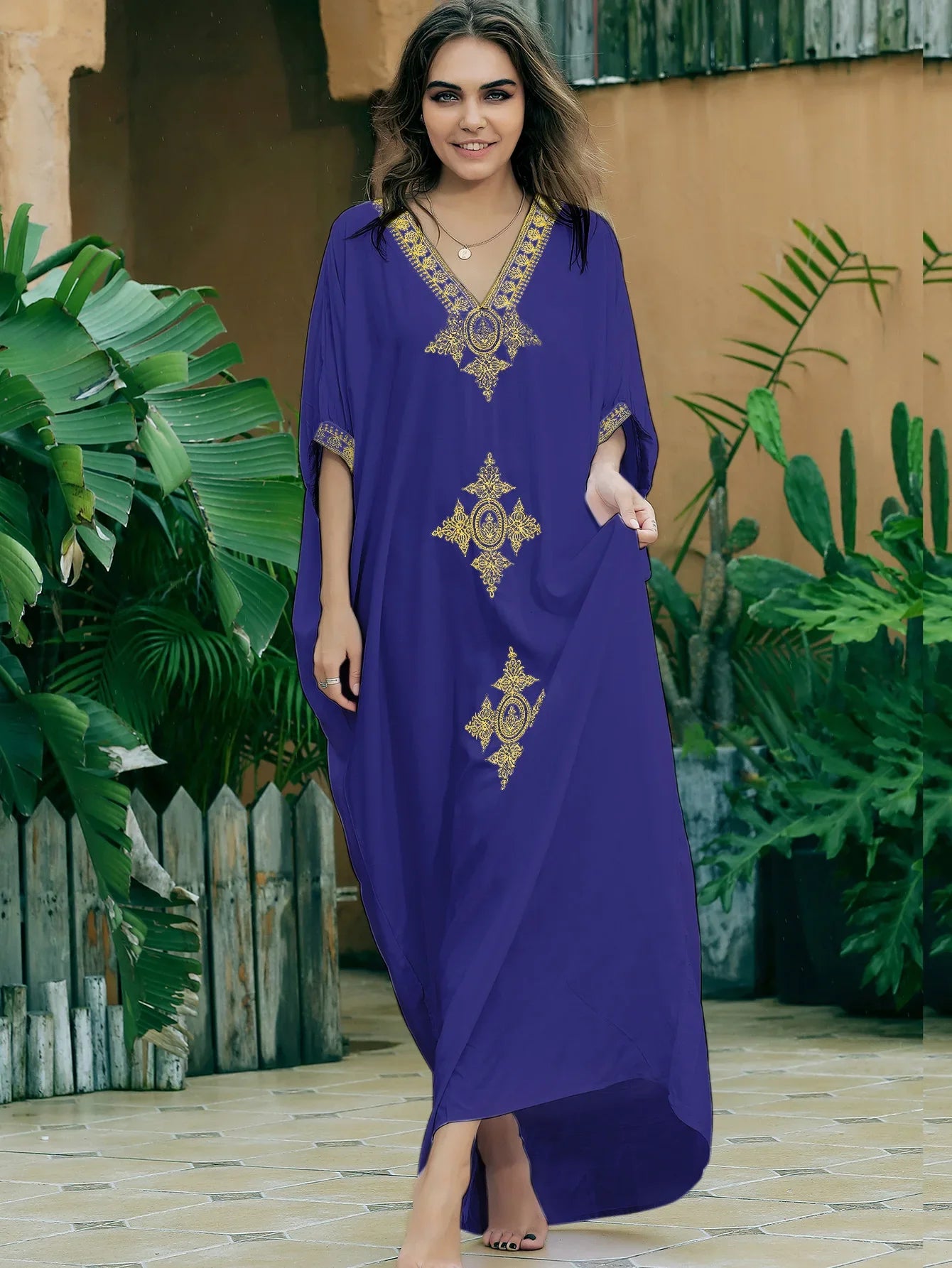 Boho Maxi Dress - Beach Dress, Kaftan Dress Vintage Embroidered in Liliana Navy