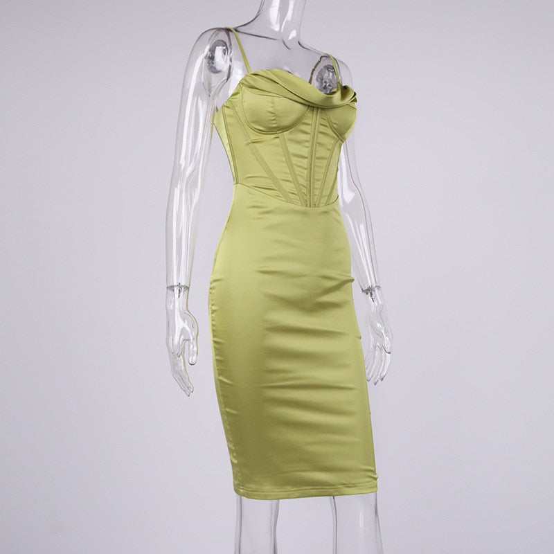 Boho Satin Party Dress, Halter Midi Backless Dress, Dion in Red, Pink and Champagne
