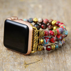 Boho Apple Watch Band - Gold Imperial Jaspers Beads Wrist Stretch Bracelet