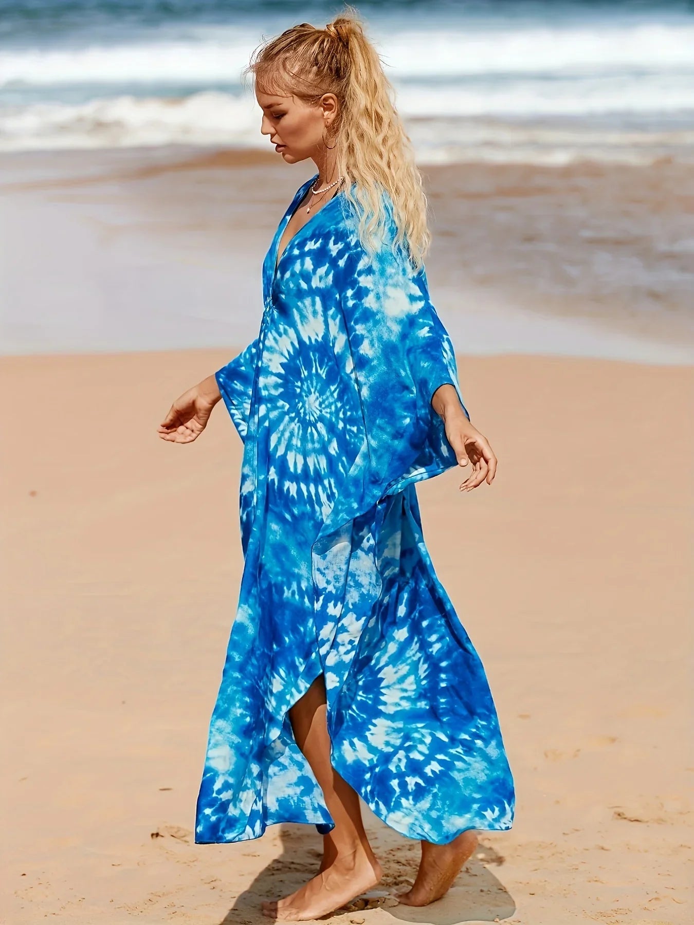 Boho Maxi Dress - Beach Dress, Kaftan Dress Akari Blue Tie Dye Coconut