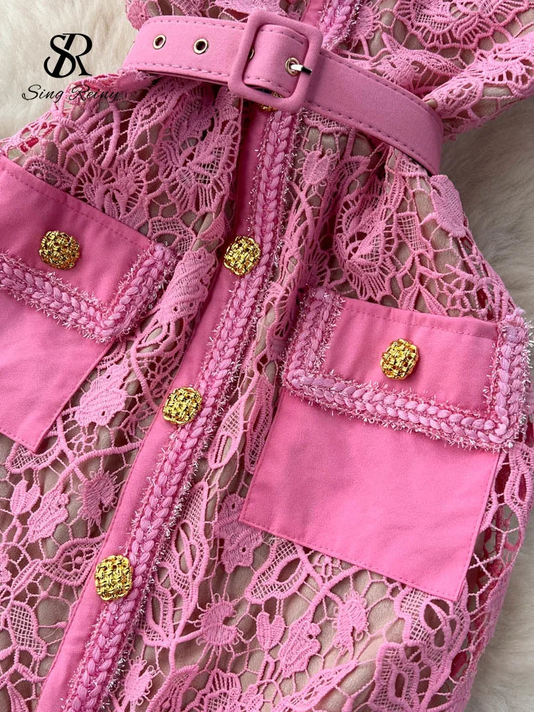 Vintage Boho Midi Dress - Pink Fusia | Embroidered Lace Bohemian Style Dress