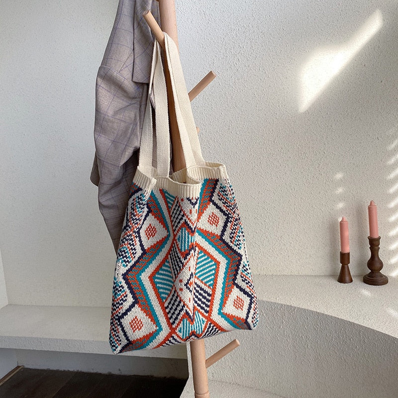 Boho Bag, Tote Bags, Crochet Tote, Knitted Shopper Handbags, Aztec Gypsy in 4 colors