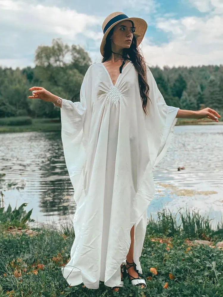 Boho Maxi Dress - Beach Dress, Kaftan Dress Tie White Harmony in 15 colors