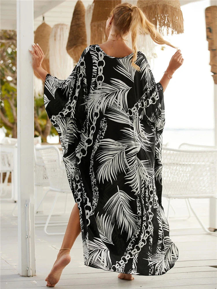 Boho Maxi Dress - Beach Dress, Kaftan Dress Akari Black Coconut Leaf