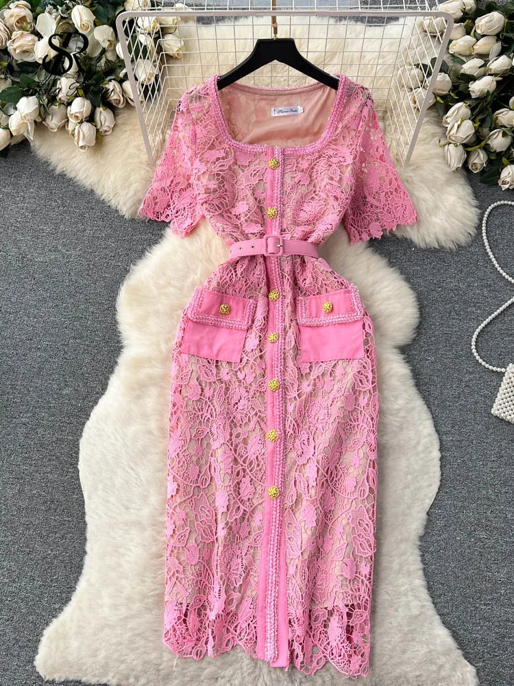Vintage Boho Midi Dress - Pink Fusia | Embroidered Lace Bohemian Style Dress