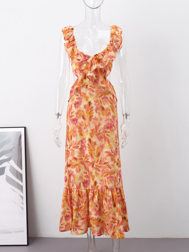 Boho Beach Dress - Ruffled Floral Dress for Your Summer Vacation Vibes - Tie Dye Orange Fall Leaf Delight