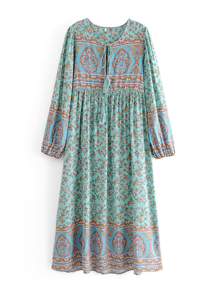 Gown Dress, Boho Maxi Dress, Loose Dress, Parakeet Green Indian Floral