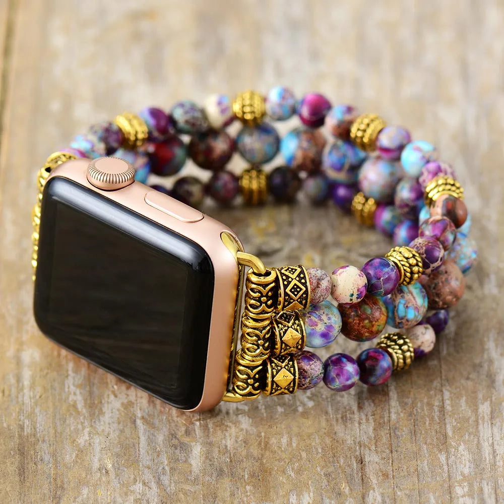 Boho Apple Watch Band - Silver Gothic Purple Jaspers Beads Wrist Stretch Bracelet