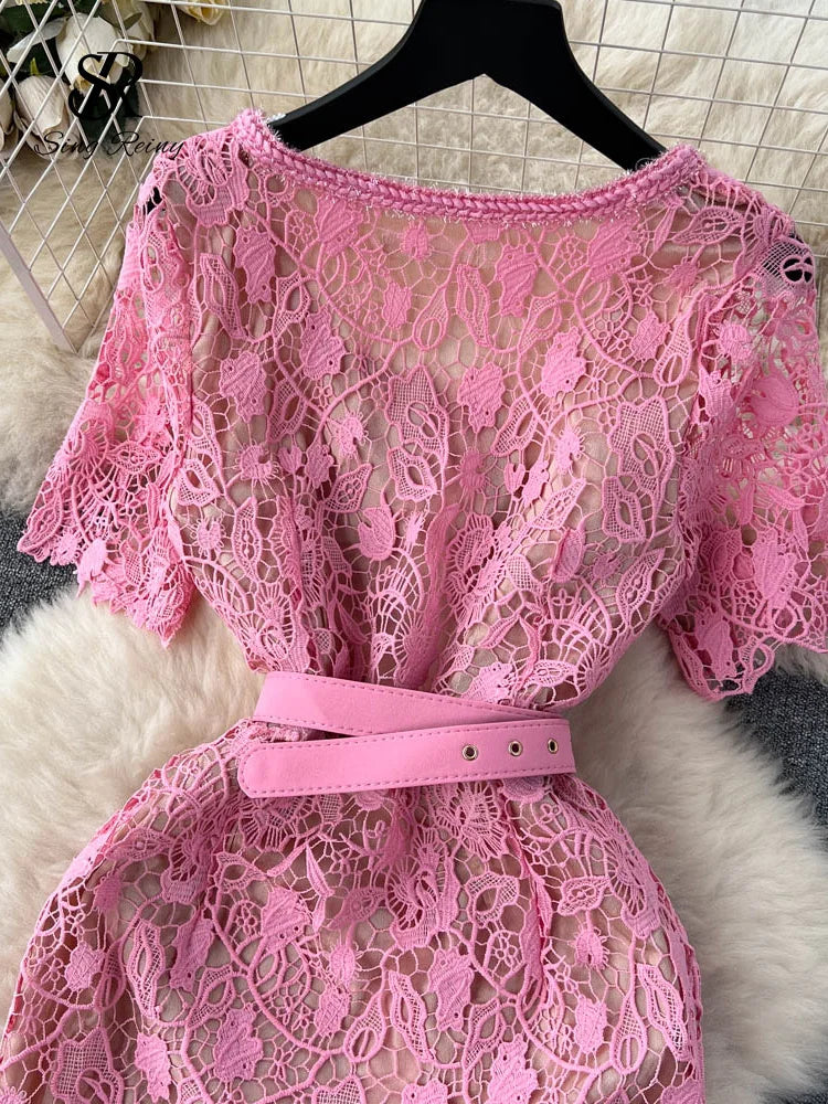 Vintage Boho Midi Dress - Pink Fusia | Embroidered Lace Bohemian Style Dress