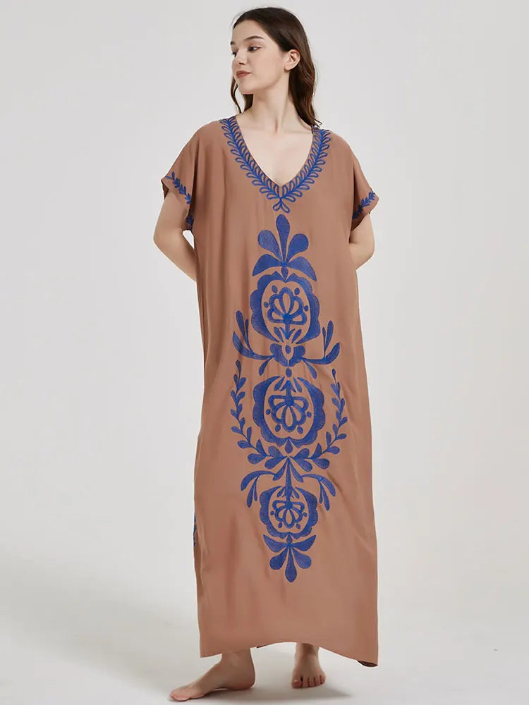 Boho Maxi Dress - Beach Dress, Kaftan Dress Vintage Embroidered in Myla Blue and Black