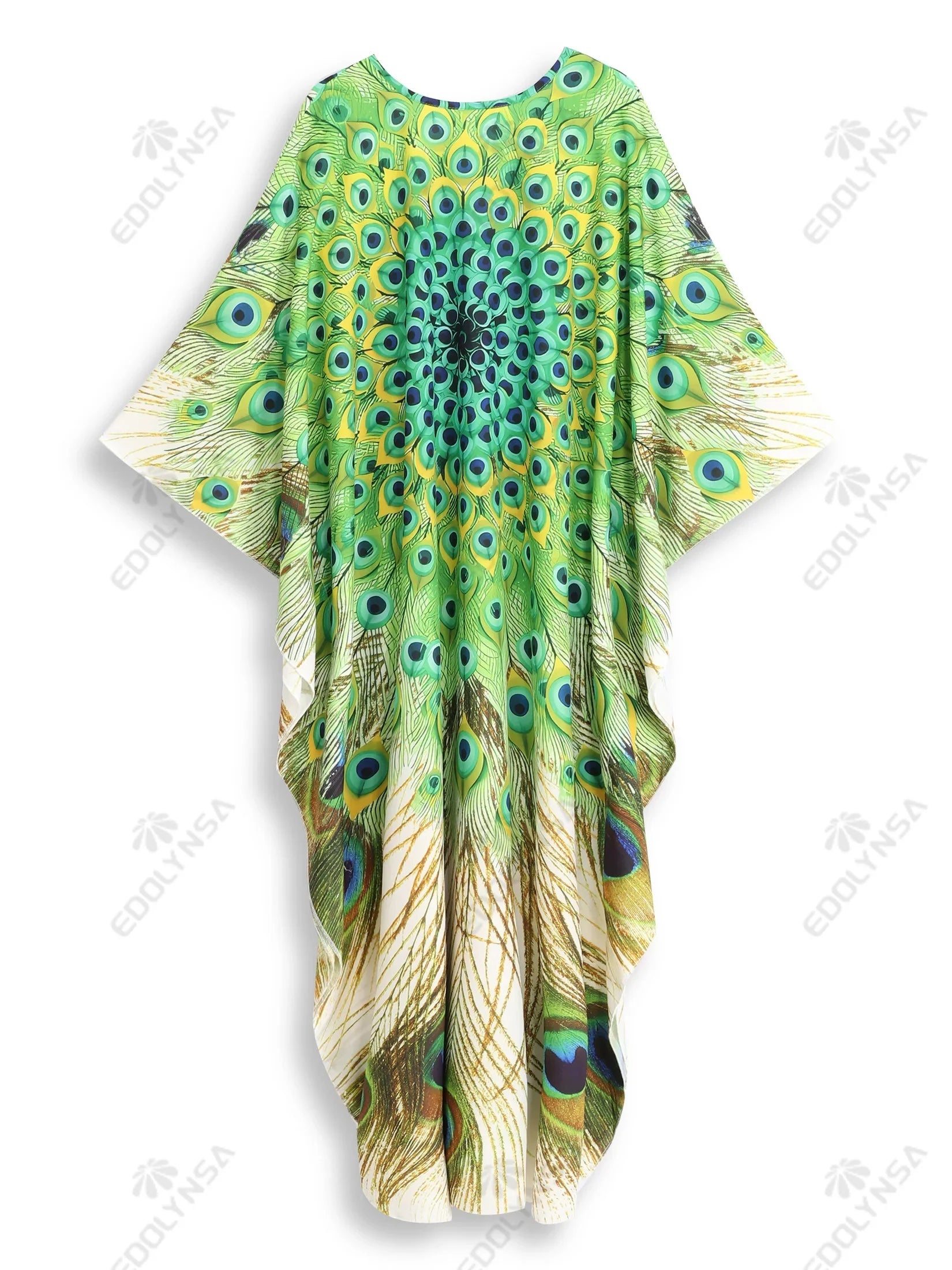 Boho Maxi Dress - Beach Dress, Kaftan Dress Vintage Embroidered in Danica Green Peacock