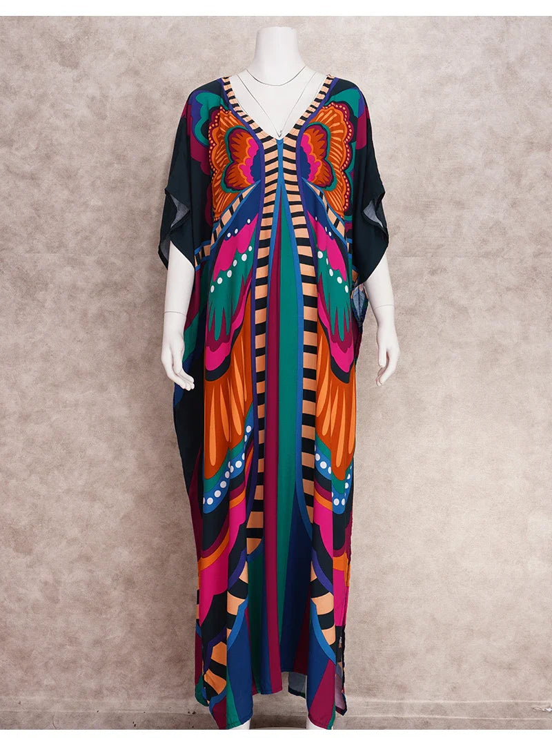 Boho Maxi Dress - Beach Dress, Kaftan Dress Danica Navy Butterfly