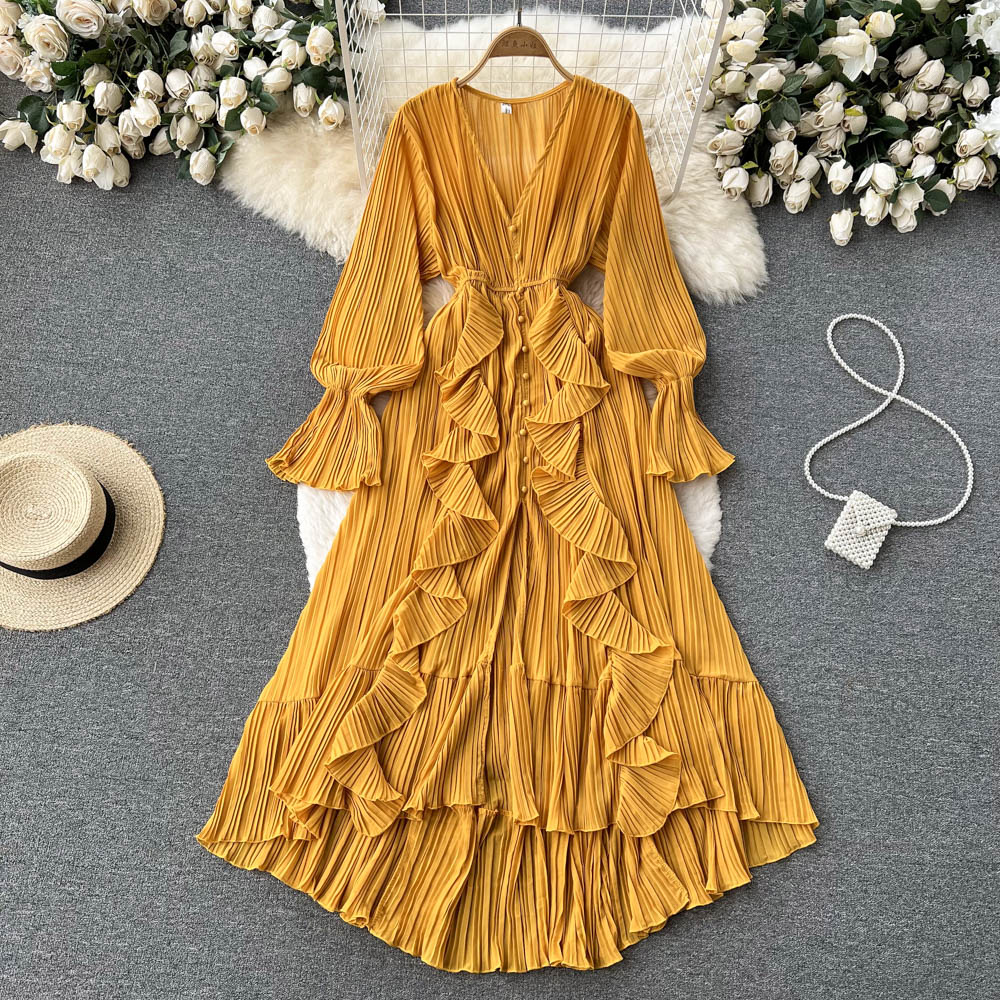 Maxi Dress, Boho Vintage Pleated Dress, Josephine Gown in Purple, Yellow, Pink and Brown