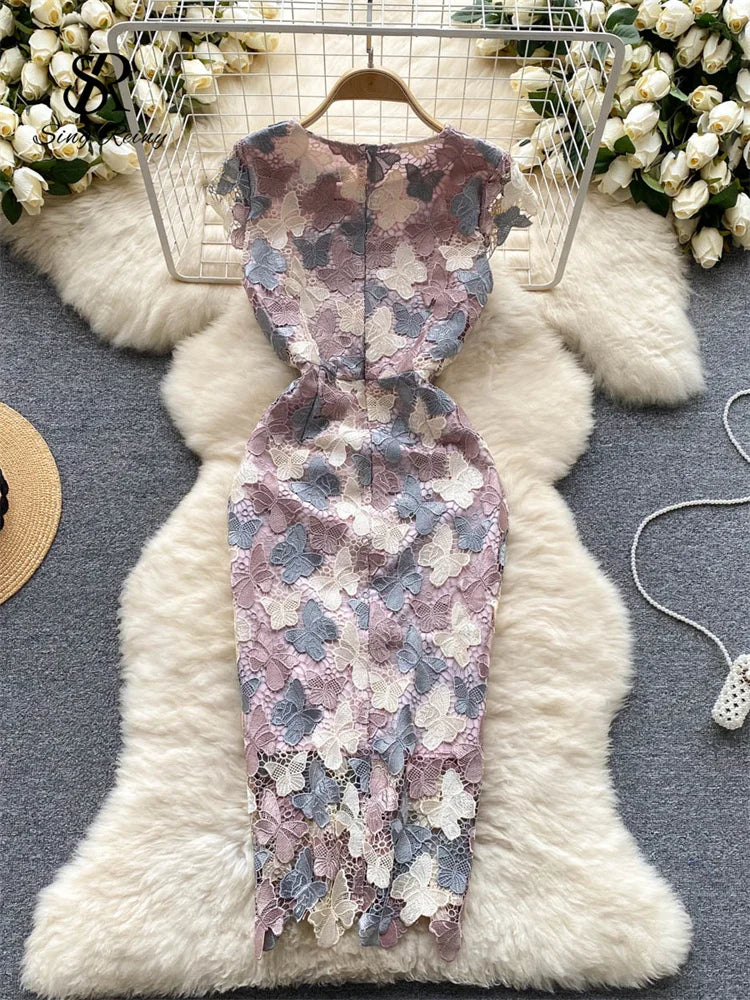 Vintage Boho Midi Dress - Purple Sophia | Embroidered Butterfly Lace Bohemian Style Dress