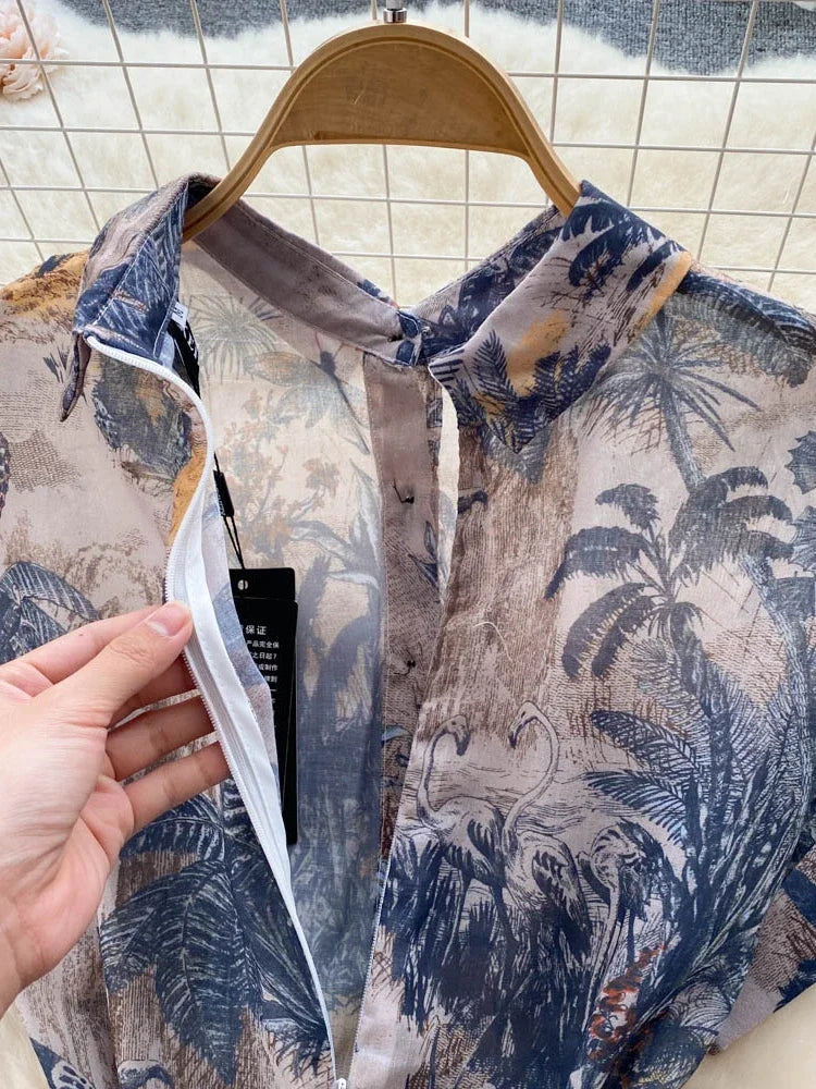 Vintage Boho Midi Dress - Embroidered Bohemian Style Shirt Dress with Beach Print