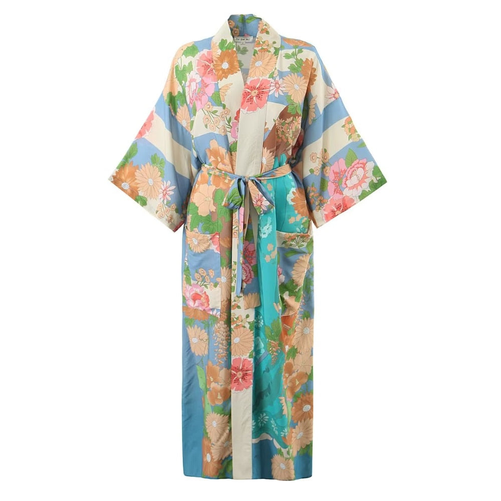 Boho Robe, Kimono Robe, Beach Cover up, Capucine Peony in Blue and Pink