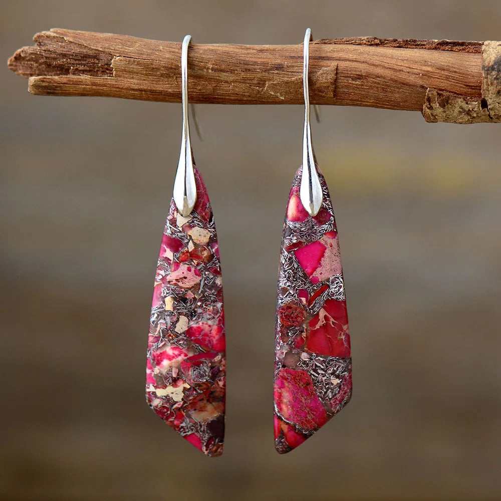 Boho Dangle Earrings - Silver-Plated Jasper Drop Earrings