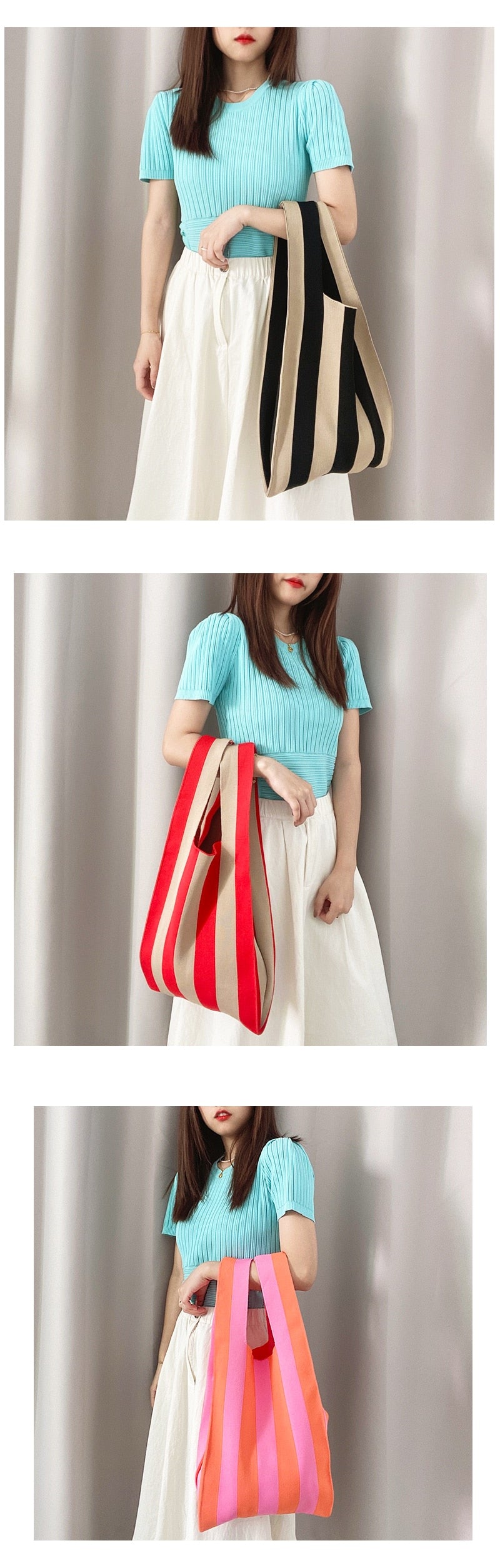 Boho Bag, Eco Tote Bags, Crochet Tote, Knitted Shopper Handbags, Striped in 5 colors