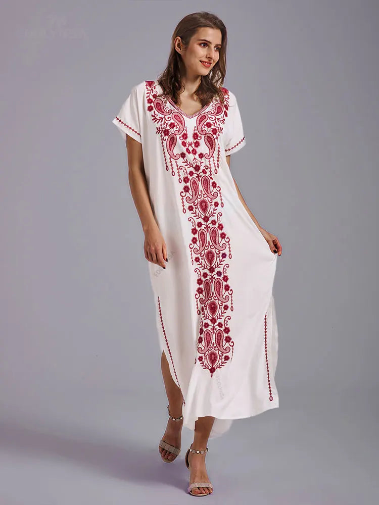Boho Maxi Dress - Beach Dress, Kaftan Dress Vintage Embroidered in Myla Blue and Black