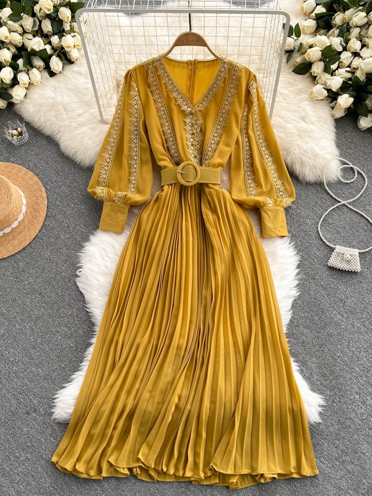 Maxi Dress, Boho Vintage Pleated Dress, Beau Gown in Blue, Yellow, Orange and Pink