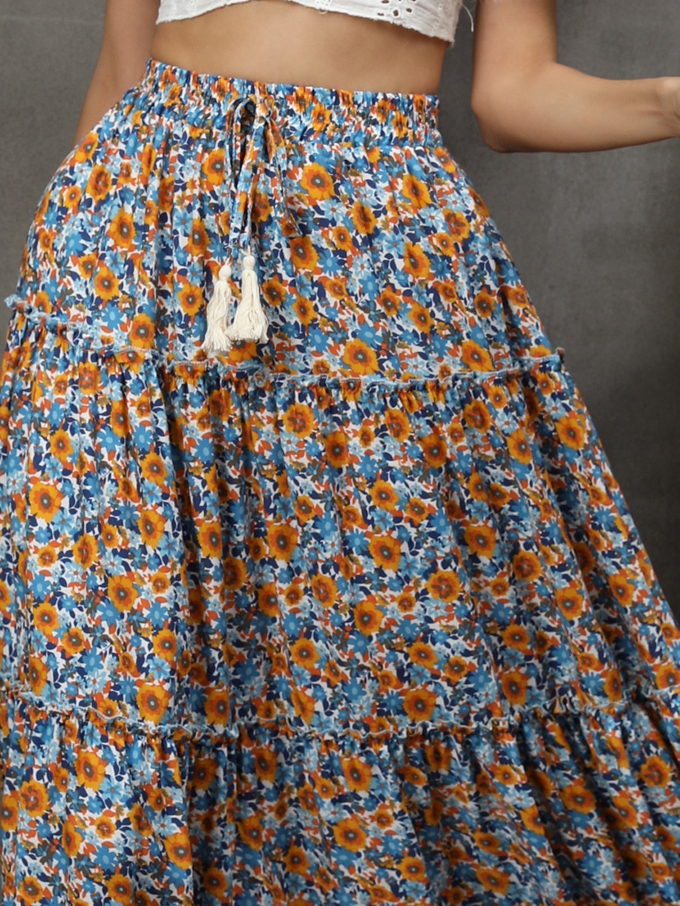 Boho Skirt, Hippie Skirts, Maxi Skirt, Flower Ruffle in Blue