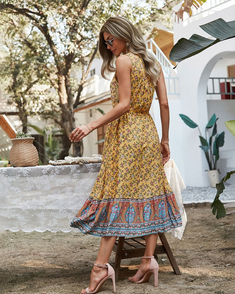 Boho Midi Dress, Sundress, Danielle  in Yellow