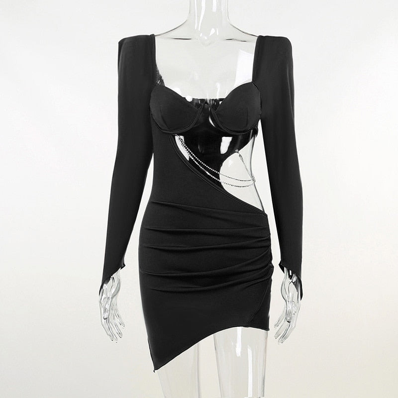 Boho Camis Dress, Party Bodycon Boho Mini Dress, Diamond Chain Hollow Out, Remy in Green and Black