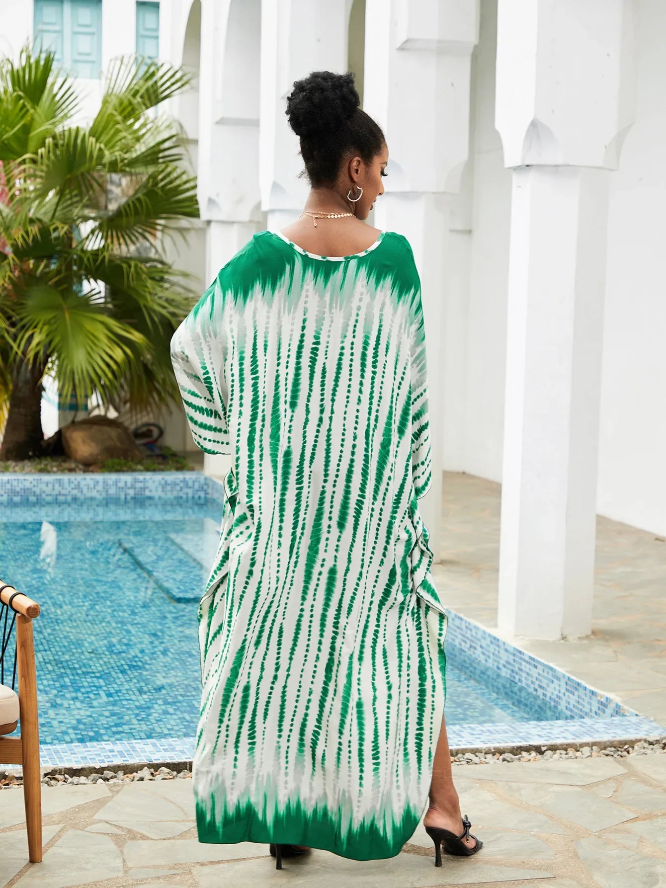 Boho Maxi Dress - Beach Dress, Kaftan Dress Vintage Embroidered in Danica Tie Dye Green