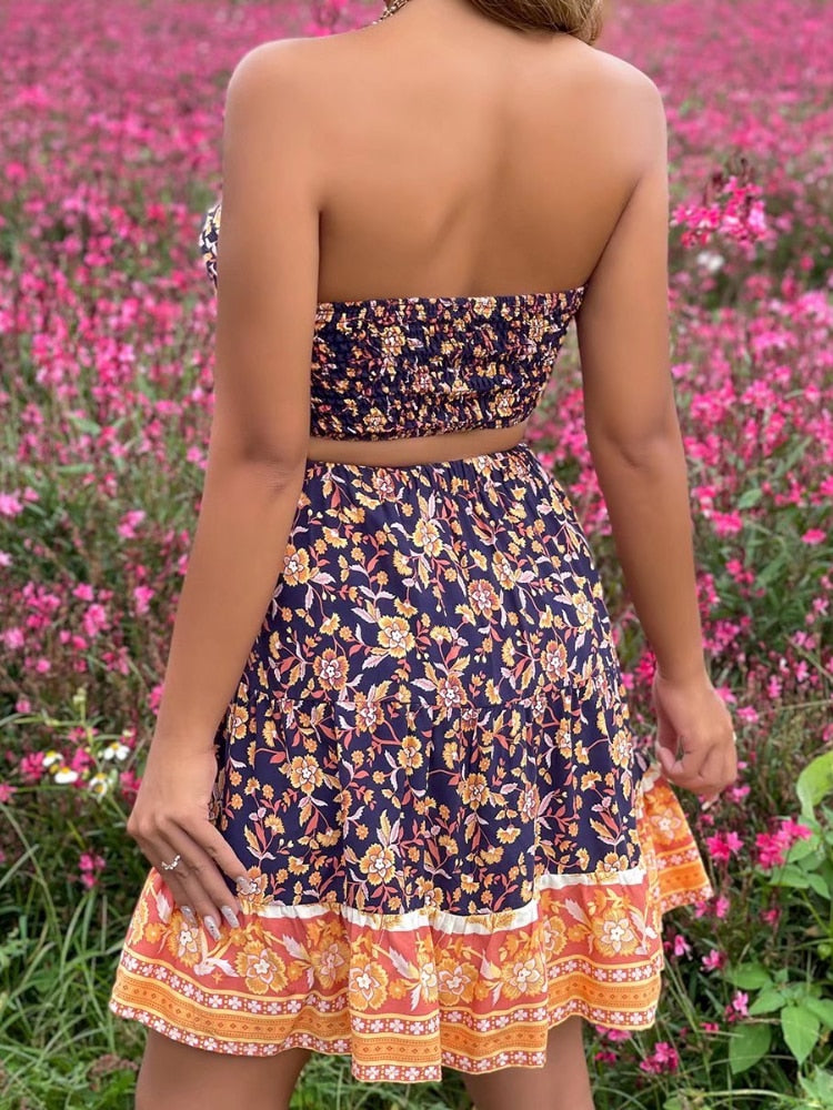 Boho Two Piece Set, Crop Top and Skirt, Navy Water Lily