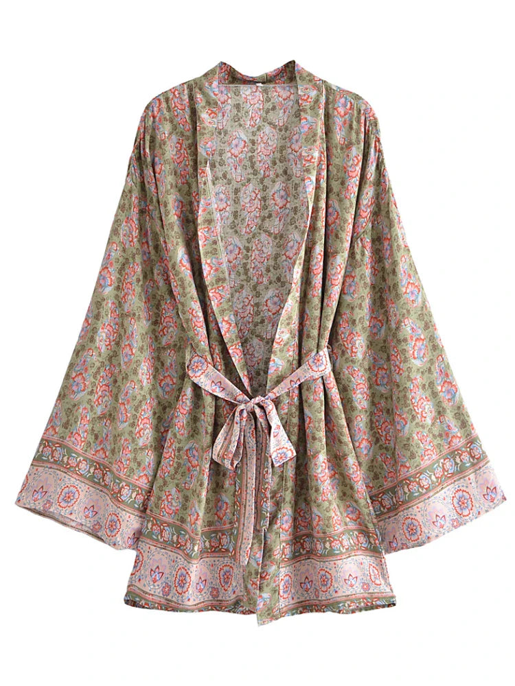 Boho Kimono Robe - Beach Cover-up in Riley Green Pine