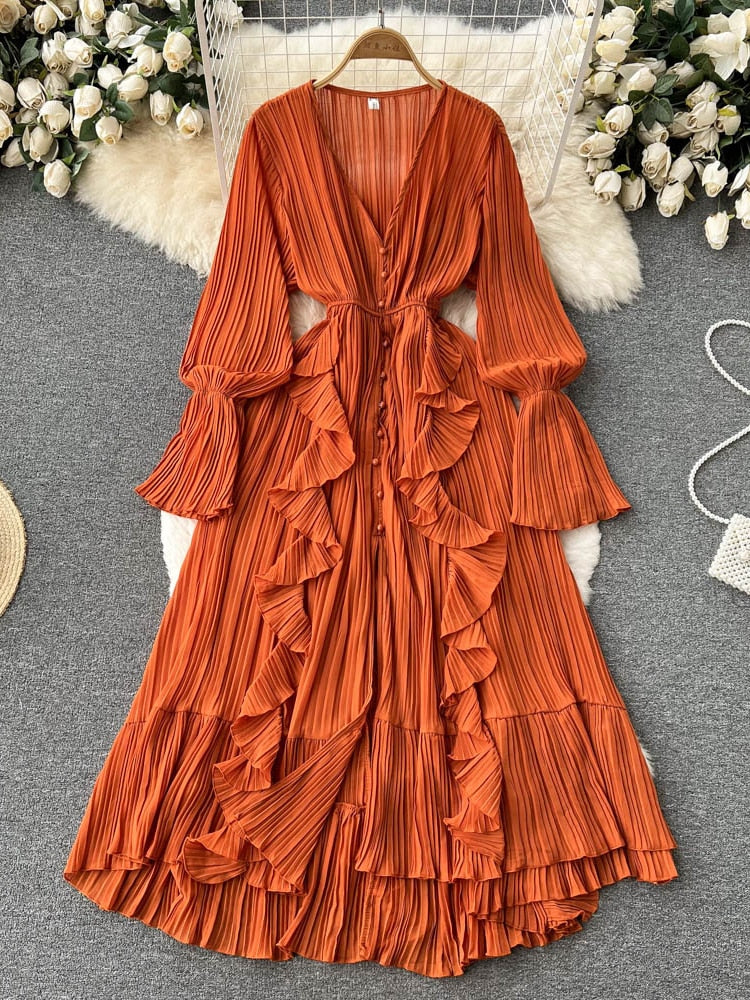 Maxi Dress, Boho Vintage Pleated Dress, Josephine Gown in Blue, Yellow, Orange and Pink