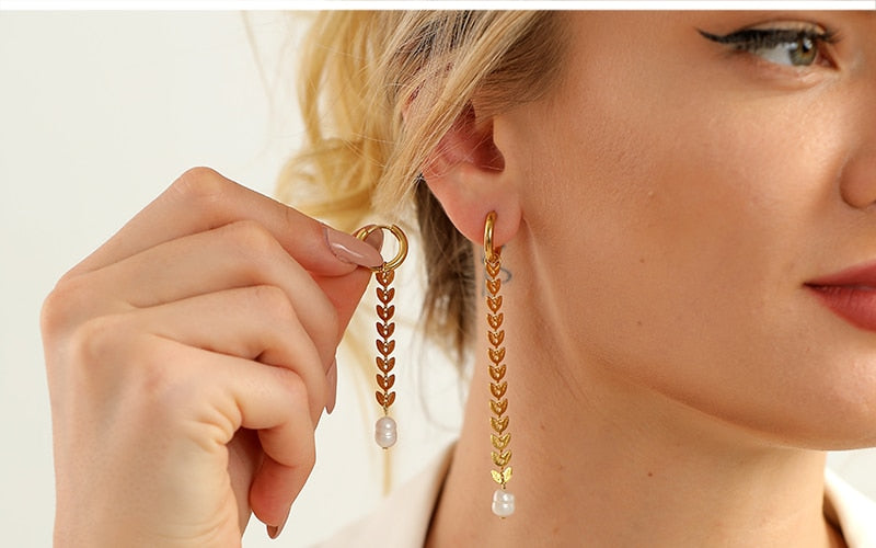 Boho Earrings, Dangle Earrings, Peal with Gold Chain