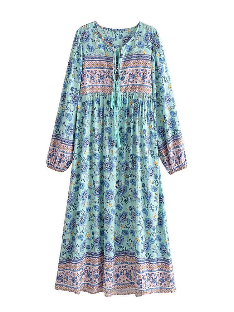 Gown Dress, Boho Maxi Dress, Loose Dress, Blue and Pink Calla