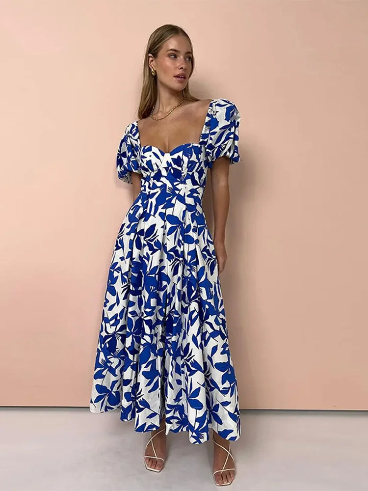 Boho Beach Dress - Backless Summer Vacation Vibes - Blue Leaf